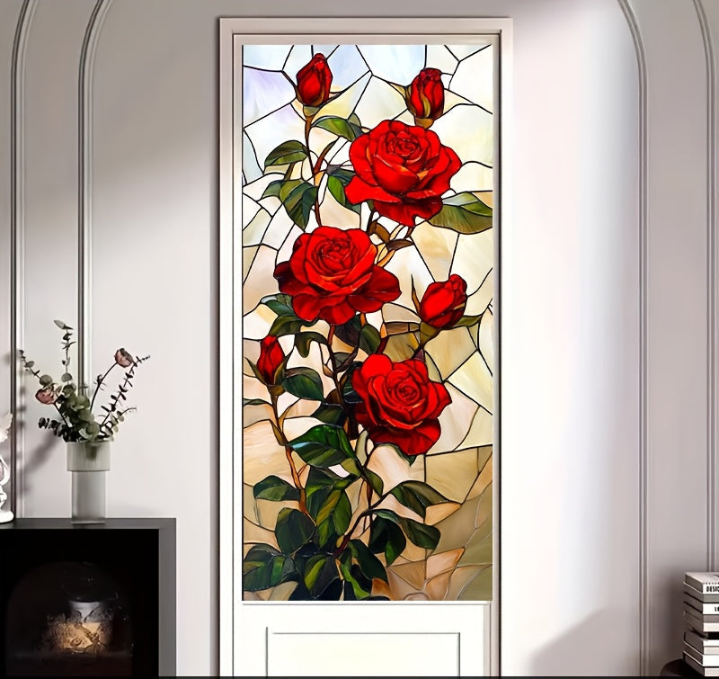 Fönsterfilm med röda rosor i blyinfattad glasdesign