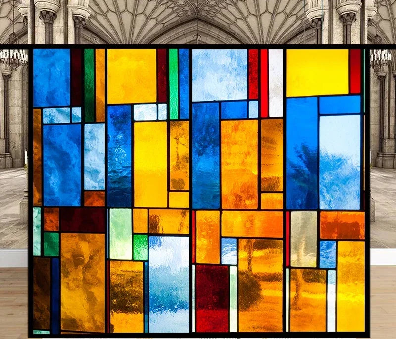 Fönsterfilm färgglad geometrisk blyinfattad glasdesign