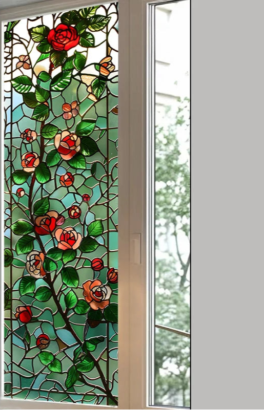 Fönsterfilm med vackra rosor i blyinfattat glas