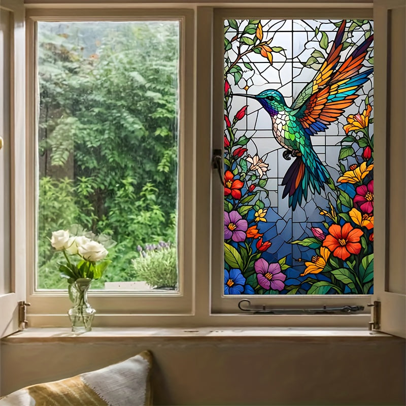 Fönsterfilm i blyinfattad design med kolibri & blommor