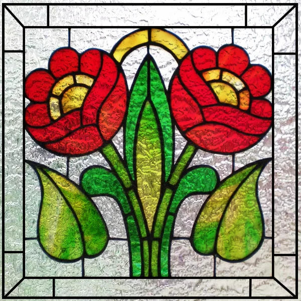 Fönsterfilm med röda blommor och gröna blad