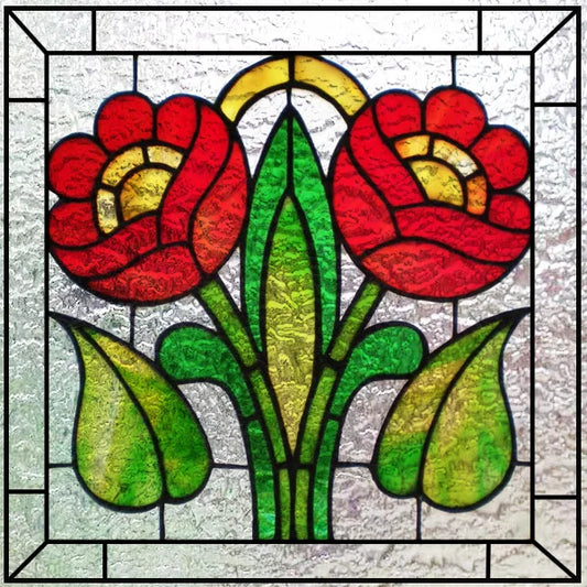 Fönsterfilm med röda blommor och gröna blad
