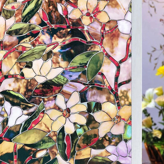 Fönsterfilm med blommigt mönster och "färgat glas"