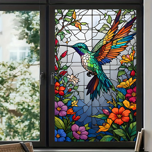 Fönsterfilm i blyinfattad design med kolibri & blommor